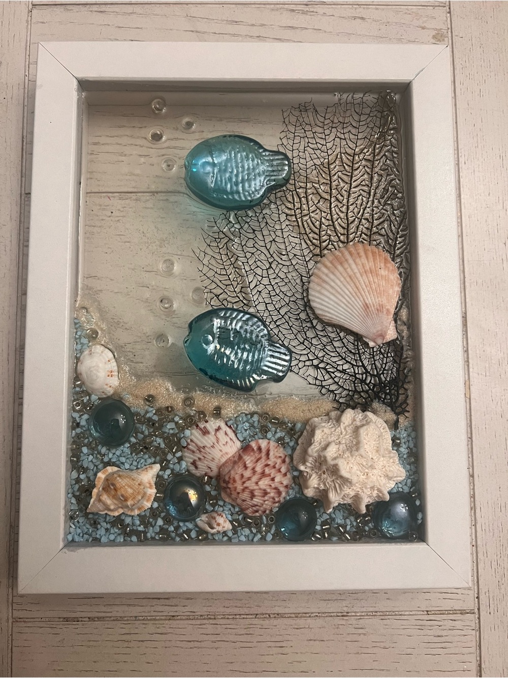Coastal Framed Glass Wall Art with Turquoise Fish, Shells and Sand Accents 9”x7”
